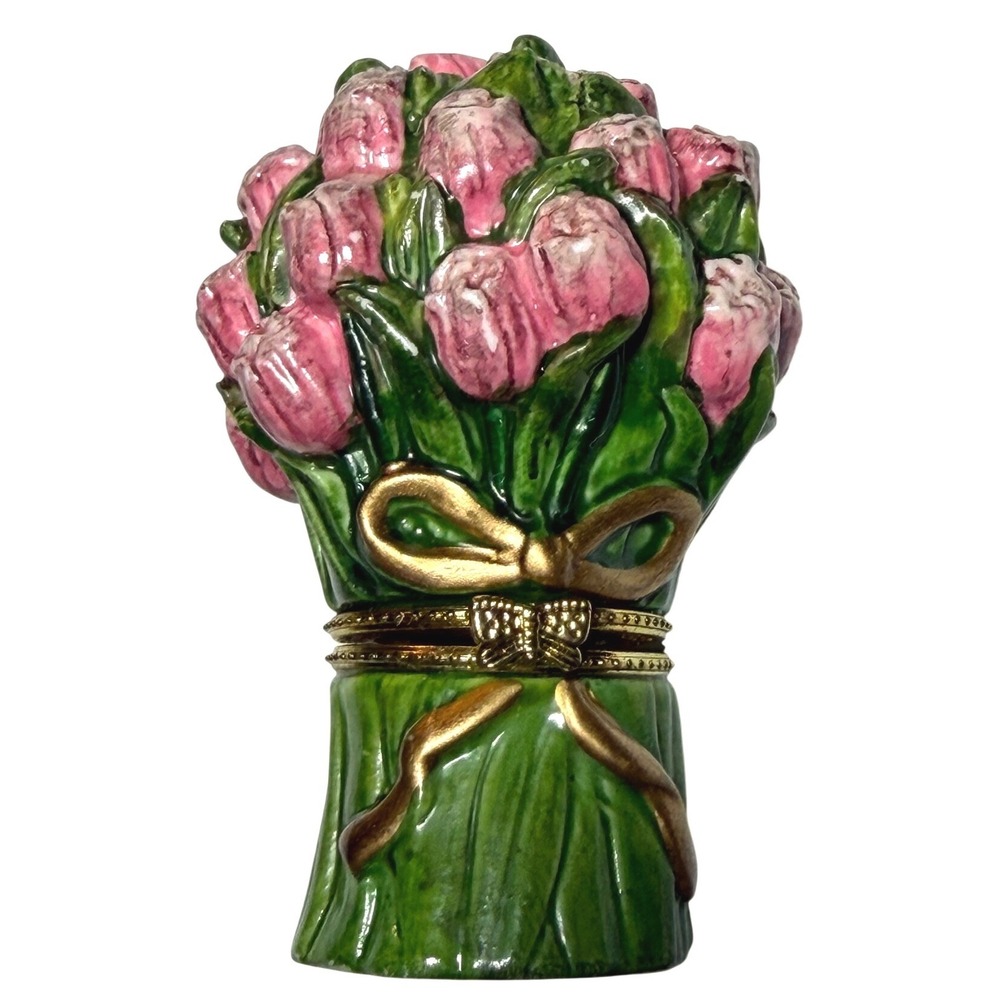 Vintage Pink Tulip Flower Bouquet Hinged Trinket Box Ceramic Floral Figurine‎